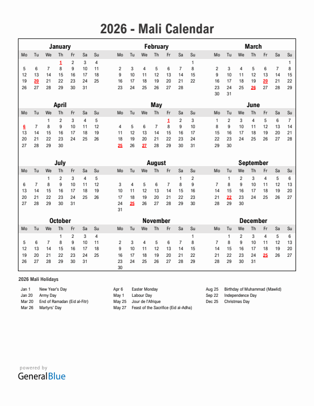Year 2026 Simple Calendar With Holidays in Mali