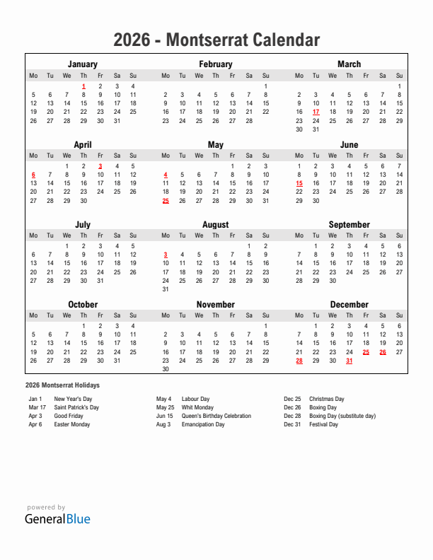 Year 2026 Simple Calendar With Holidays in Montserrat