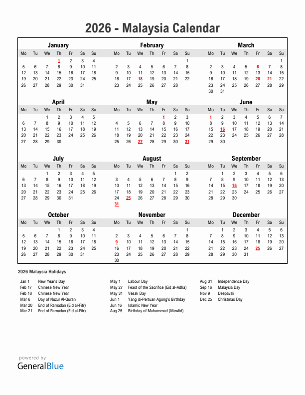 Year 2026 Simple Calendar With Holidays in Malaysia