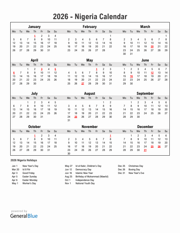 Year 2026 Simple Calendar With Holidays in Nigeria