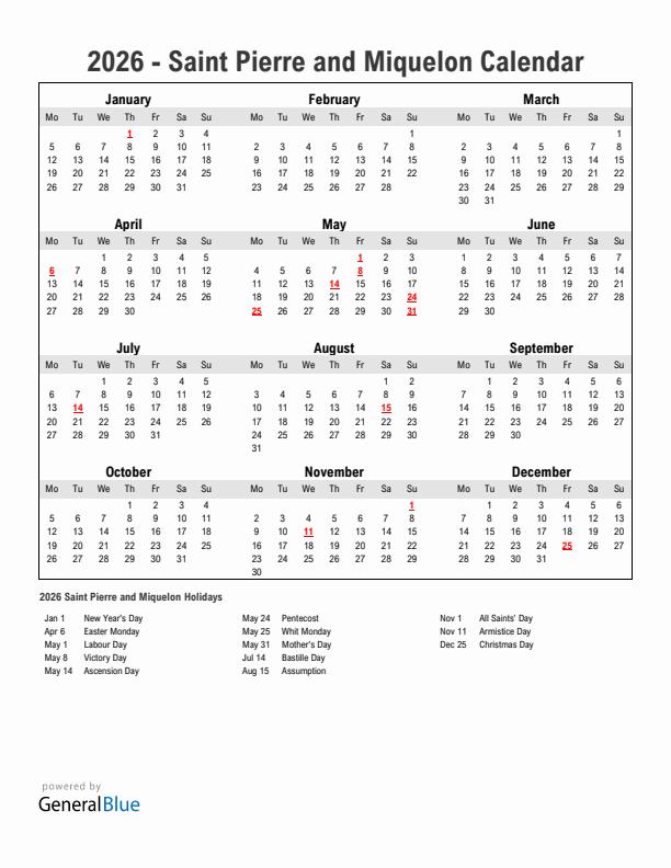 Year 2026 Simple Calendar With Holidays in Saint Pierre and Miquelon