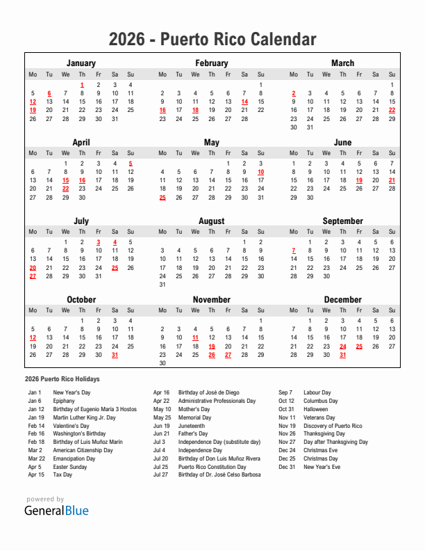 Year 2026 Simple Calendar With Holidays in Puerto Rico