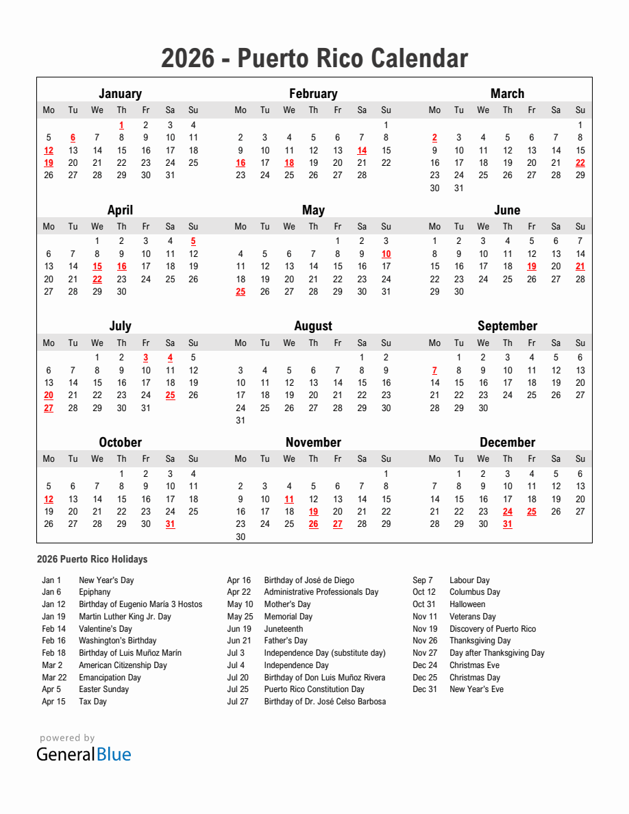 Year 2026 Simple Calendar With Holidays in Puerto Rico - Monday Start