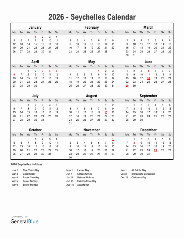 Year 2026 Simple Calendar With Holidays in Seychelles