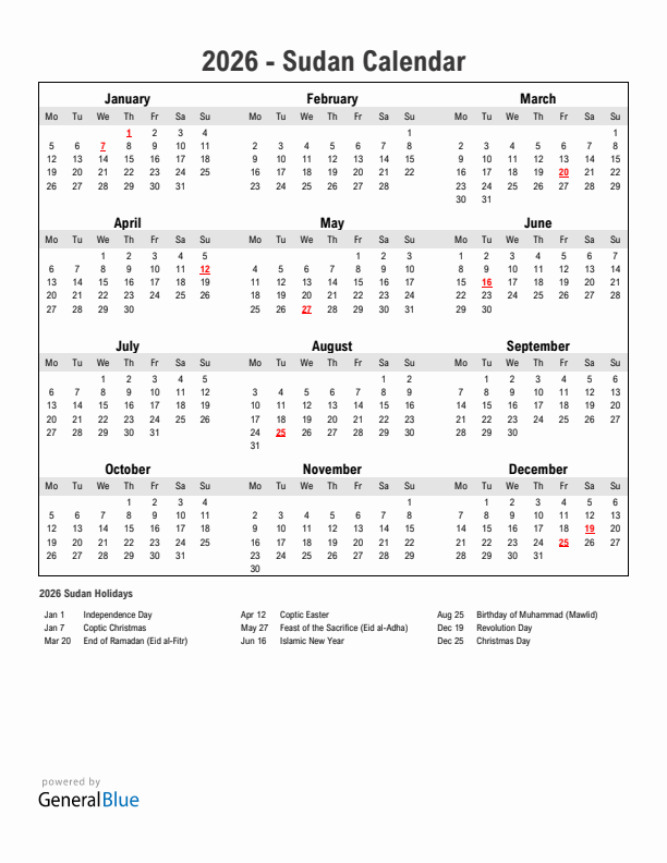 Year 2026 Simple Calendar With Holidays in Sudan