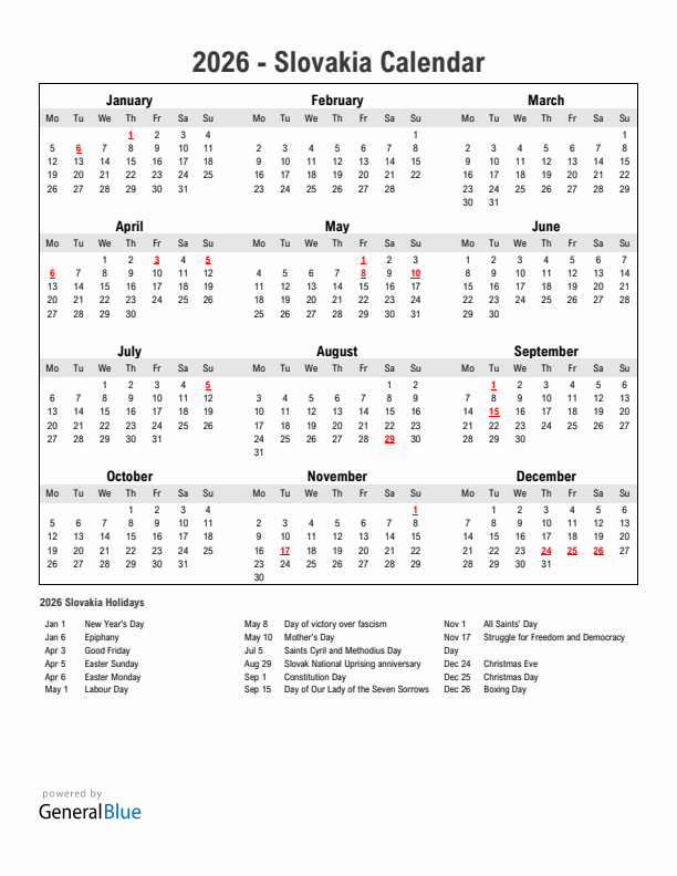 Year 2026 Simple Calendar With Holidays in Slovakia