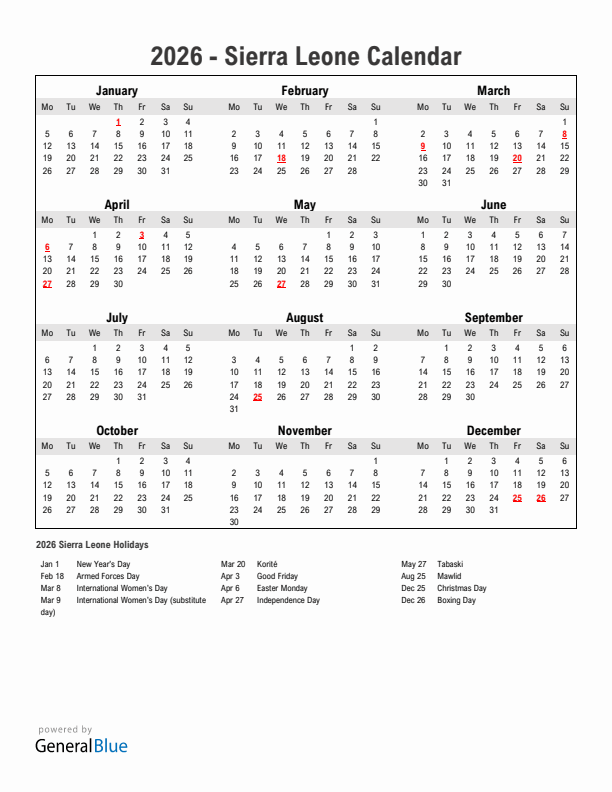 Year 2026 Simple Calendar With Holidays in Sierra Leone