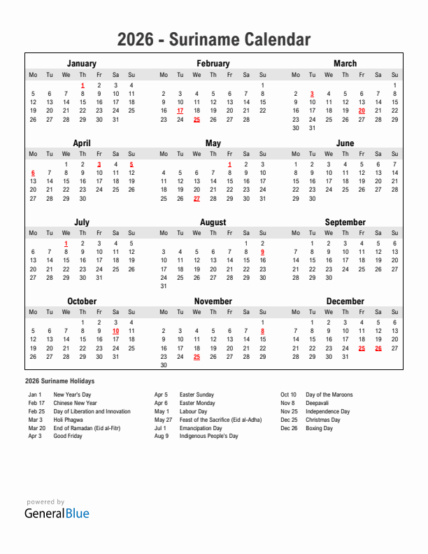 Year 2026 Simple Calendar With Holidays in Suriname