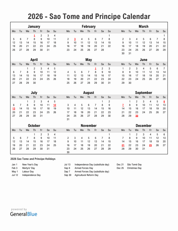 Year 2026 Simple Calendar With Holidays in Sao Tome and Principe