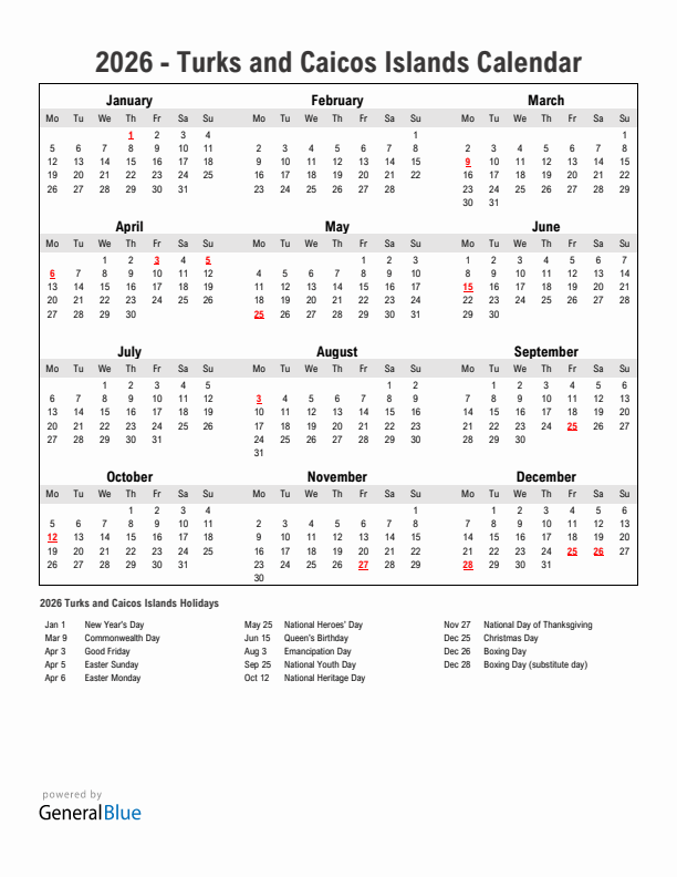 Year 2026 Simple Calendar With Holidays in Turks and Caicos Islands