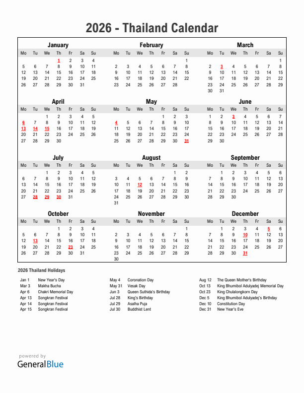 Year 2026 Simple Calendar With Holidays in Thailand