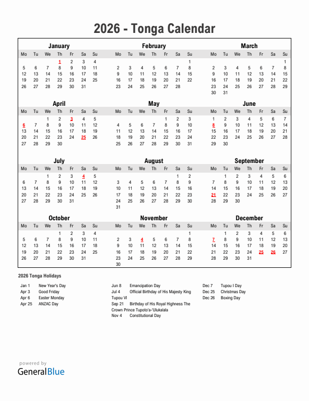 Year 2026 Simple Calendar With Holidays in Tonga