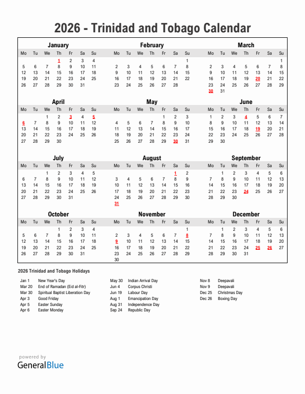 Year 2026 Simple Calendar With Holidays in Trinidad and Tobago