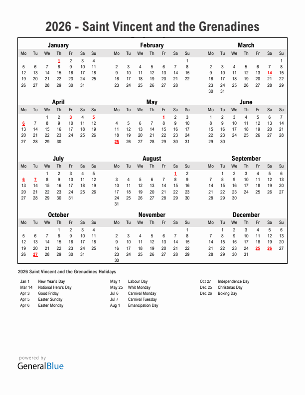 Year 2026 Simple Calendar With Holidays in Saint Vincent and the Grenadines