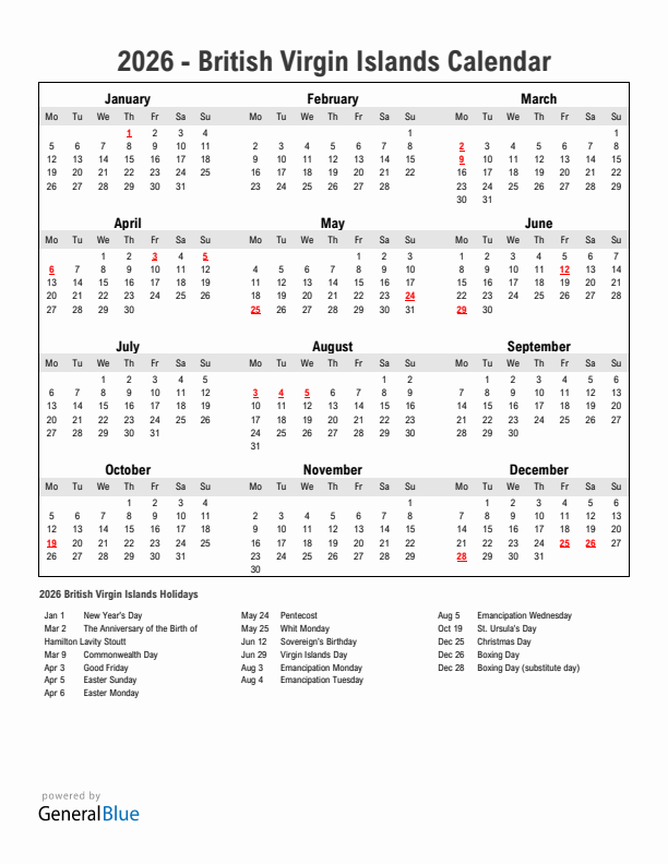 Year 2026 Simple Calendar With Holidays in British Virgin Islands