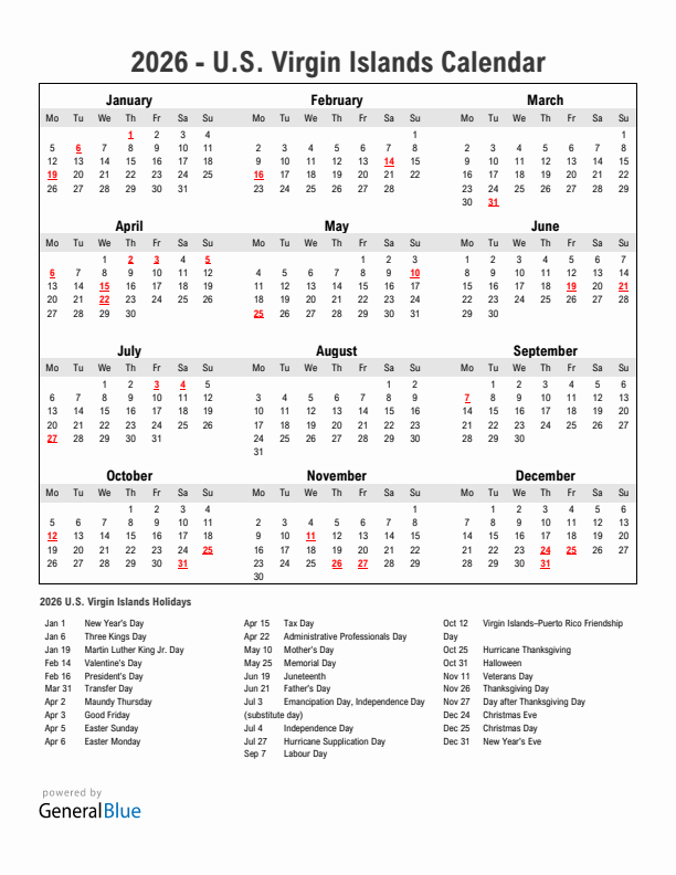 Year 2026 Simple Calendar With Holidays in U.S. Virgin Islands