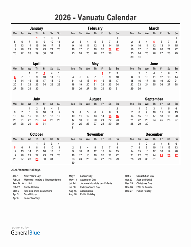 Year 2026 Simple Calendar With Holidays in Vanuatu