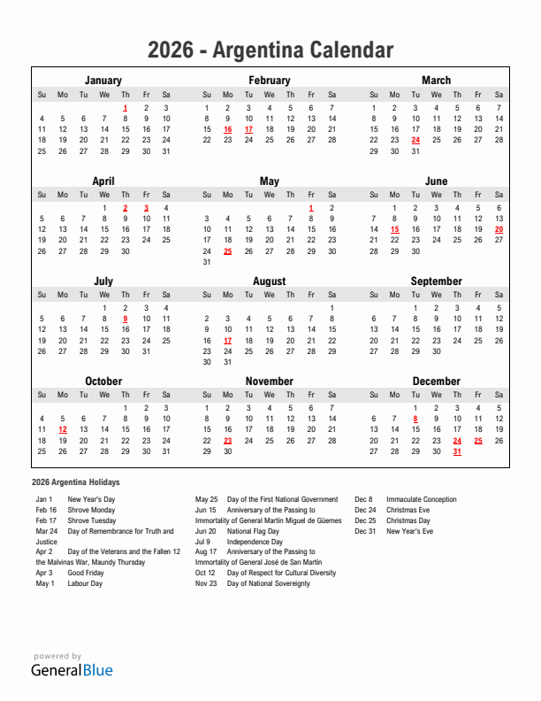 Year 2026 Simple Calendar With Holidays in Argentina