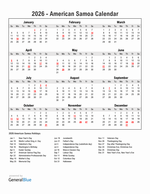 Year 2026 Simple Calendar With Holidays in American Samoa