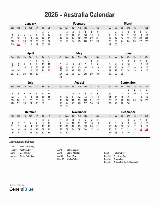 Australia 2026 Calendar With Holidays