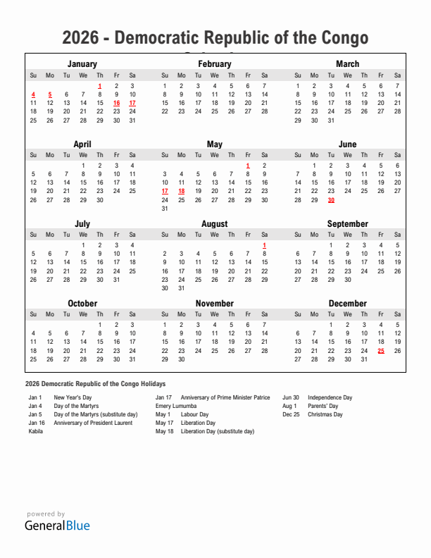 Year 2026 Simple Calendar With Holidays in Democratic Republic of the Congo