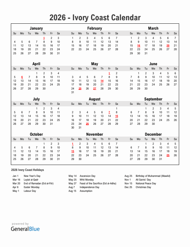 Year 2026 Simple Calendar With Holidays in Ivory Coast