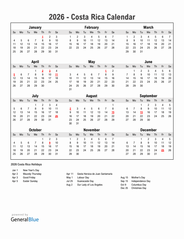 Year 2026 Simple Calendar With Holidays in Costa Rica