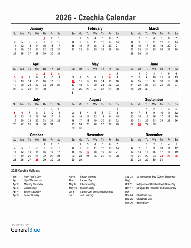 Year 2026 Simple Calendar With Holidays in Czechia