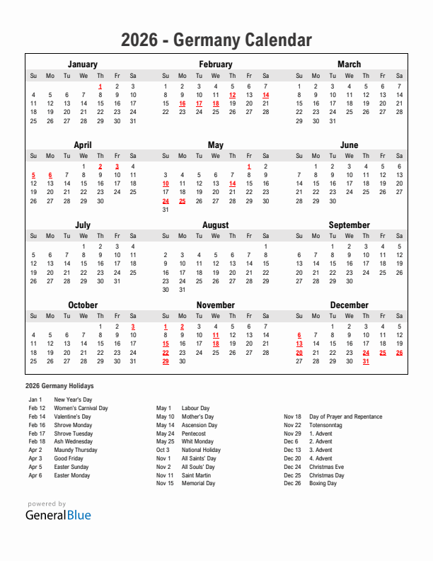Year 2026 Simple Calendar With Holidays In Germany