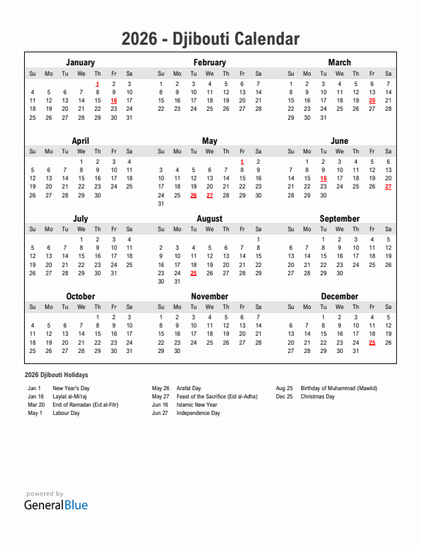 Year 2026 Simple Calendar With Holidays in Djibouti