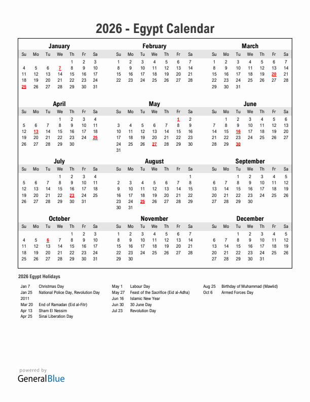 Year 2026 Simple Calendar With Holidays in Egypt