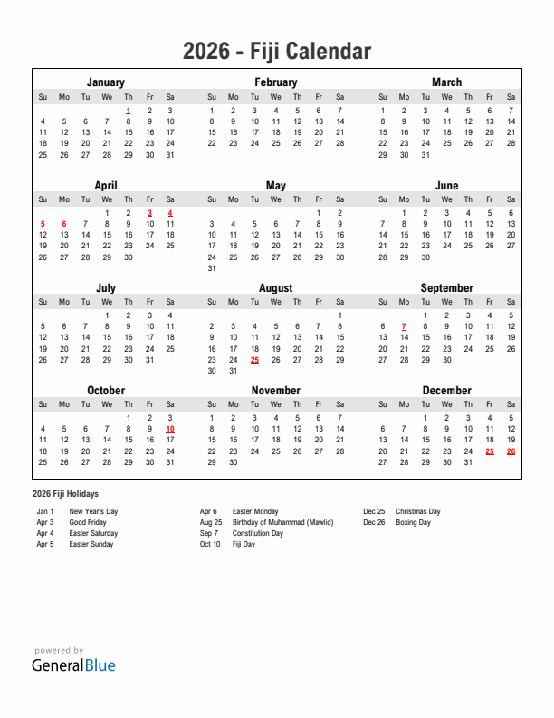 Year 2026 Simple Calendar With Holidays in Fiji