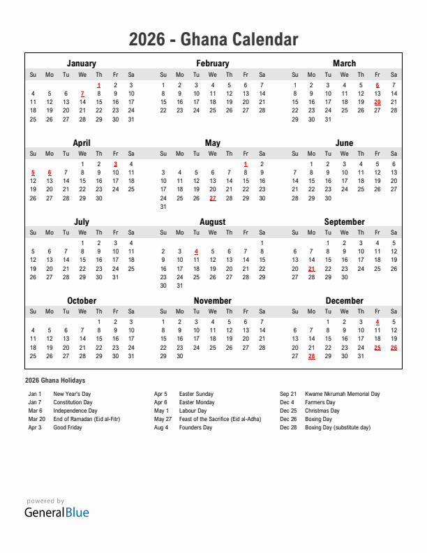 Year 2026 Simple Calendar With Holidays in Ghana
