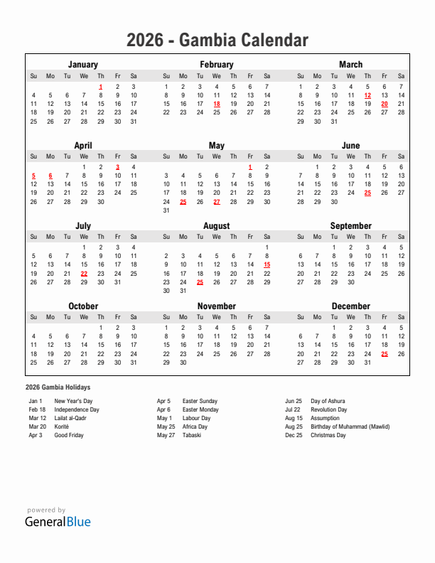 Year 2026 Simple Calendar With Holidays in Gambia