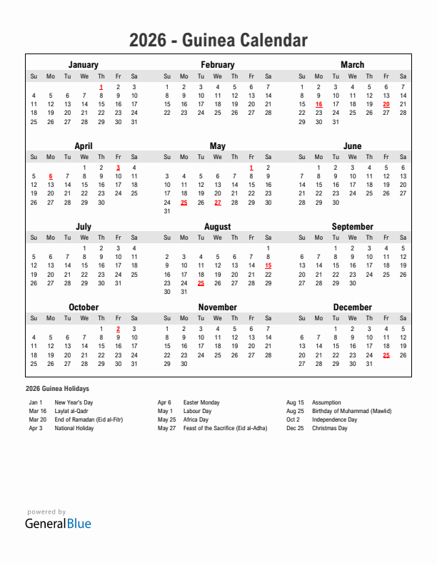 Year 2026 Simple Calendar With Holidays in Guinea