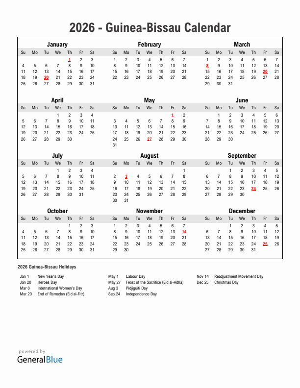 Year 2026 Simple Calendar With Holidays in Guinea-Bissau