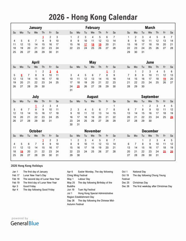 Year 2026 Simple Calendar With Holidays in Hong Kong