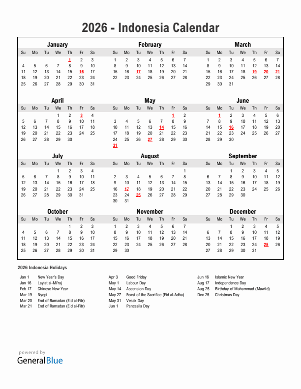 Year 2026 Simple Calendar With Holidays in Indonesia