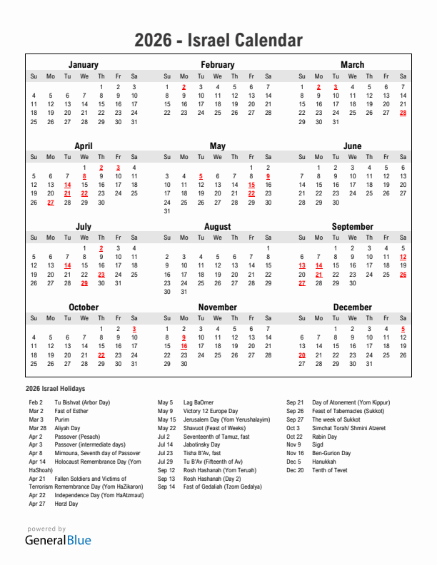 Year 2026 Simple Calendar With Holidays in Israel