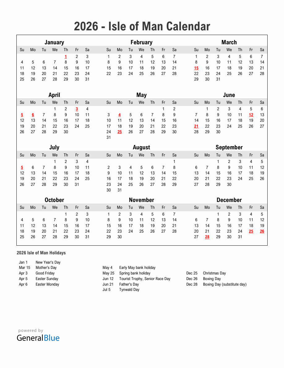 Year 2026 Simple Calendar With Holidays in Isle of Man