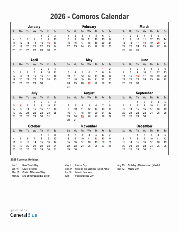 Year 2026 Simple Calendar With Holidays in Comoros