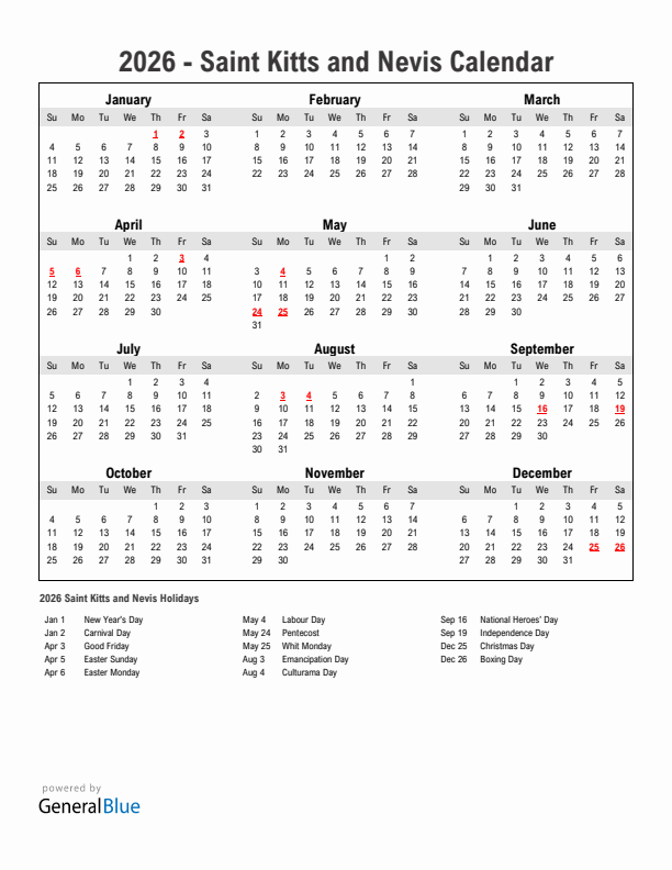 Year 2026 Simple Calendar With Holidays in Saint Kitts and Nevis