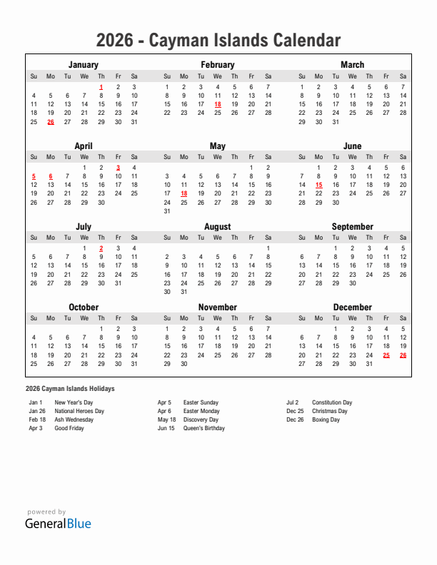 Year 2026 Simple Calendar With Holidays in Cayman Islands