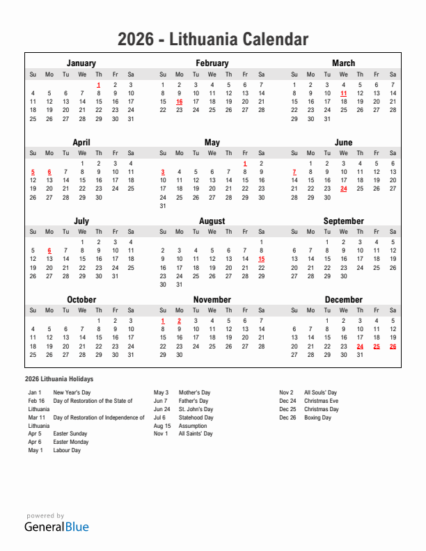 Year 2026 Simple Calendar With Holidays in Lithuania