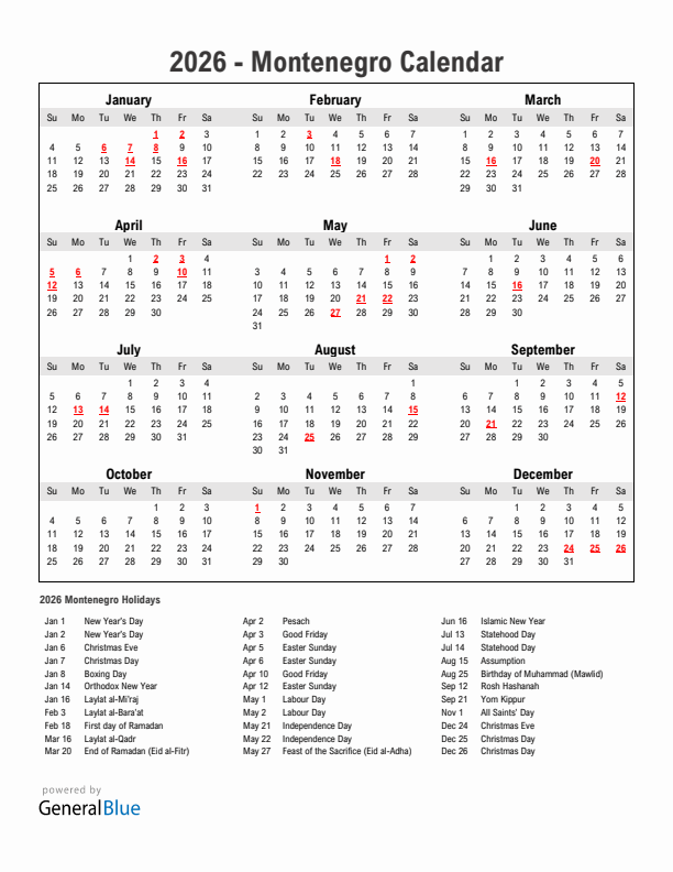 Year 2026 Simple Calendar With Holidays in Montenegro