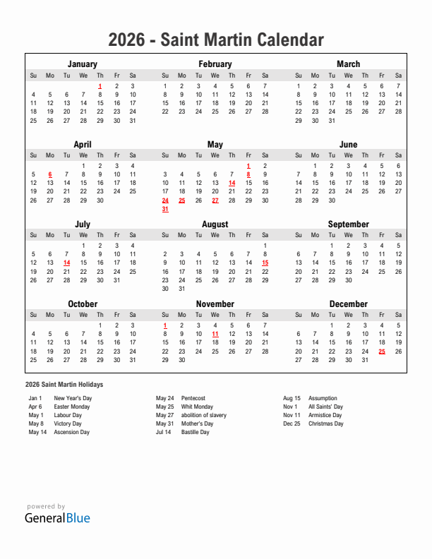 Year 2026 Simple Calendar With Holidays in Saint Martin