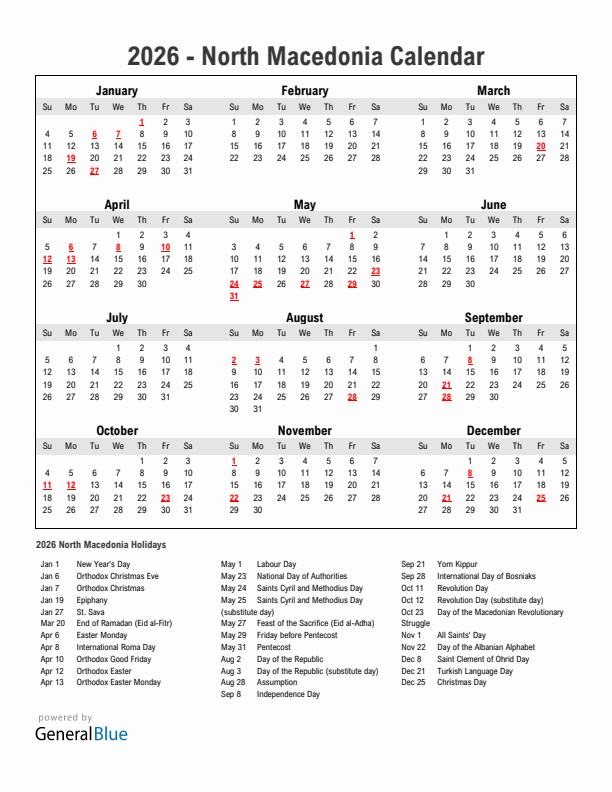 Year 2026 Simple Calendar With Holidays in North Macedonia