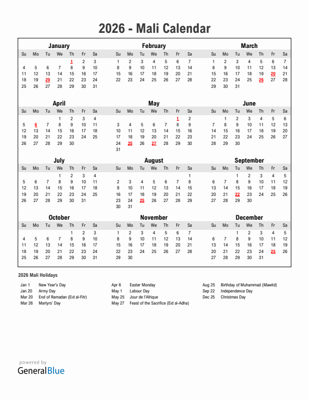 Year 2026 Simple Calendar With Holidays in Mali
