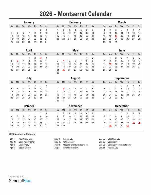 Year 2026 Simple Calendar With Holidays in Montserrat