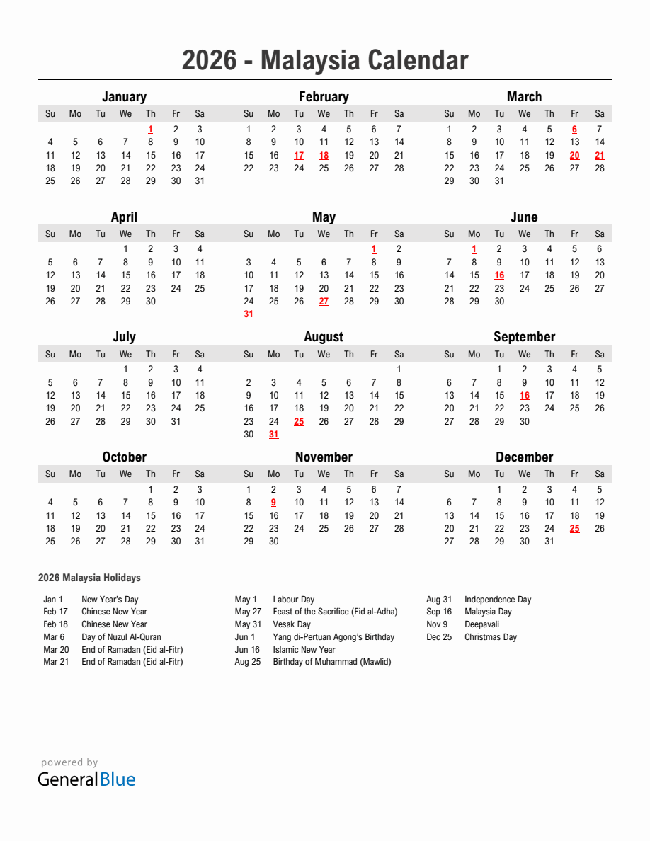 Year 2026 Simple Calendar With Holidays in Malaysia
